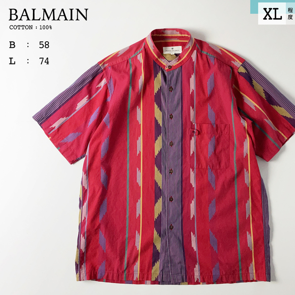 BALMAIN 刺繍 バンドカラー ネイティブ 柄 シャツ 赤 レッド 半袖 ストライプ 総柄 ノーカラー 綿 コットン エスニック バルマン メンズ XL