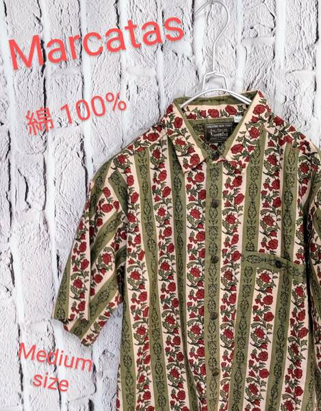 ★送料無料★ Marcatas デザインシャツ 柄シャツ 薔薇 ボタニカル メンズ シャツ Medium