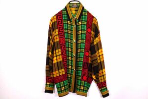  Gianni Versace . Vintage 40( approximately L) blouse shirt mete.-sa rhinestone equipment ornament . gray ka check yellow black VERSACE 5714a