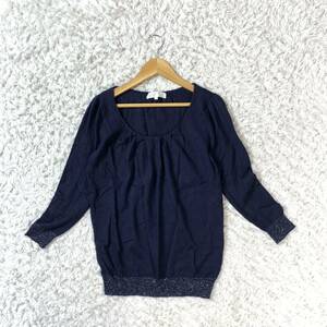  Kumikyoku knitted so- navy lame 7 minute sleeve wool 100 2 YA4419