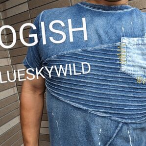 VOGISH WILD STYLEダメージクラッシュバイカーズデニム風Ｔシャツ靑を灯せ！ブルーコーディネート