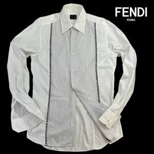 定価8.6万 美品 FENDI フェンディ ドレスシャツ サイズ38/M相当 ストライプ柄切替 イタリア製 背中薄ら汚れ有 編み込み 長袖シャツ A2371
