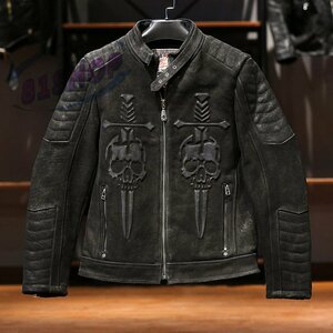 「81SHOP」レザージャケット カウハイド スカル柄 ライダース 牛革 革ジャン バイクレザー メンズファッション 本革 ヴィンテージ