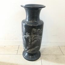 花瓶 壺 石 彫刻 風景彫刻 黒系 石製 レトロ アンティーク インテリア KN-3XPC_画像1