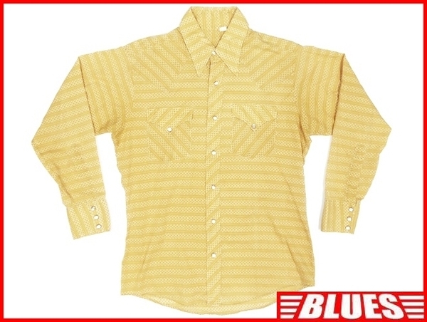 即決★米国製★メンズL ビンテージ古着 ウエスタンシャツ 16.5×33 黄色 アメリカ製 幾何学模様長袖シャツ 長袖 ボタンダウン