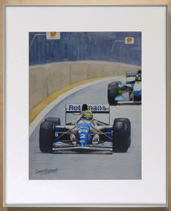 水彩画・額装済、Interlagos, 1994. FW16 アイルトン・セナ