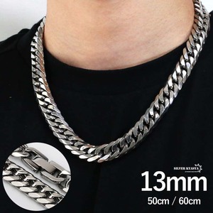 13mm stainless steel flat necklace folded in the middle type futoshi width futoshi . double flat chain necklace silver silver color (50cm)