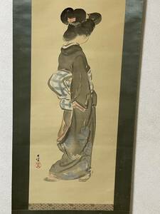 Art hand Auction 即決!模写 岡本大更/特殊表装の美人画 掛軸(検索=伊東深水 鏑木清方 鰭崎英朋 菊池契月 島成園 北野恒富 中村貞以 蕉園 輝方 伊藤小坡), 絵画, 日本画, 人物, 菩薩