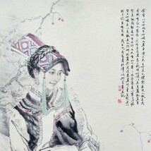 【模写】23F827 中国美術 何家英「美俗少女」掛軸 紙本 工芸 彩色 美人画 人物画 中国名家 中国現代アート 天津 河北省_画像3