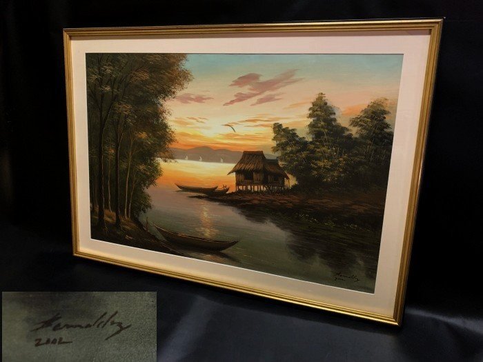 ◇Fantastic landscape painting of the warmth of the sun reflected on the water surface [Peaceful cove, a landscape that captures everyday life] Framed 102 x 72 cm N04110, artwork, painting, others