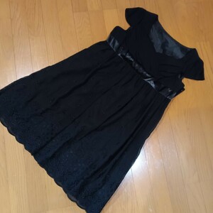 ブラックフォーマルワンピース セレモニー フレンチスリーブ 全日本婦人子供服 ぽっちゃりさん 黒 刺繍レース レディスサイズ17号AR 中古品