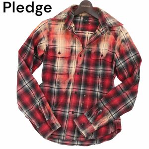 Pledge Pledge autumn winter blur bleach processing * long sleeve slim check flannel shirt Sz.46 men's made in Japan red I3T01133_9#B