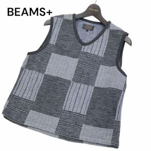 19AW★ BEAMS+ ビームス プラス 秋冬 パッチワーク★ プルオーバー ウール ニット ベスト Sz.S　メンズ グレー 定価1.9万★　I3T01227_9#N