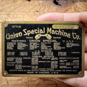 未使用Union Special Machine真鍮プレート ユニオンスペシャル ミシン 工業用USAチェーンステッチ ビンテージ デニム 裾上げ ディスプレイ