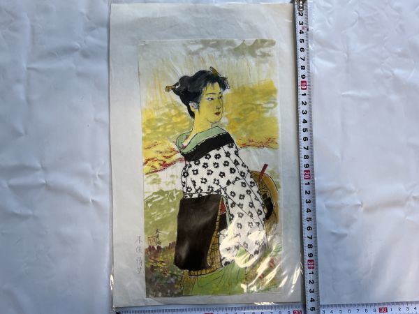 정품 보장, 기마타 기요시(Kimata Kiyoshi)의 손으로 그린 그림, 씰 포함, 일본화, 기소 가쿠, 아름다운 여성의 그림, 기간 항목, 수채화 그림, 그림, 수채화, 초상화