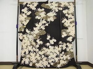 平和屋1■希少　振袖　単衣　駒刺繍　枝桜　黒地　金彩　逸品3s20293