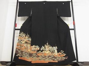 平和屋-こころ店■豪華黒留袖　駒刺繍　山車文　金彩　着丈158cm　裄丈65cm　正絹　逸品　B-oa6090