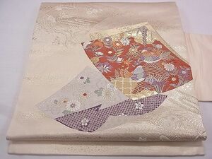 平和屋1■九寸名古屋帯　色紙重ね鴛鴦花文　本金箔二重織　逸品　fb8515