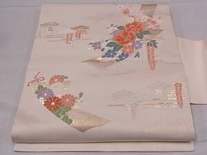 平和屋1■九寸名古屋帯　唐織　短冊花文　金糸　逸品　fb8735