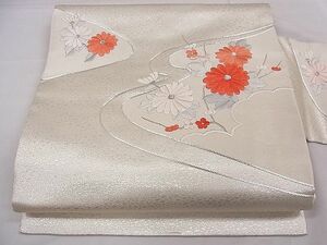 平和屋1■九寸名古屋帯　駒刺繍　枝菊　銀糸　逸品　ca4089