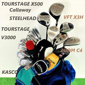 TOURSTAGE X500 Callaway BIG BERTHA STEELHEAD ウッド V3000 アイアン KASCO キャディバッグ ユーティリティ3本 メンズゴルフクラブセット