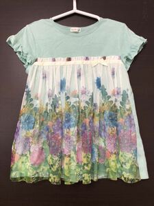 KP ニットプランナー／半袖Tシャツ、チュニック風／お花 転写プリント、チュール付き／サイズ130