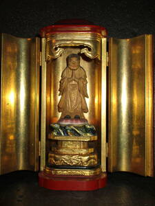 【仏教美術】●江戸時代●　木彫彩色　立像　朱塗厨子　　(高さ最大２０．５cm)