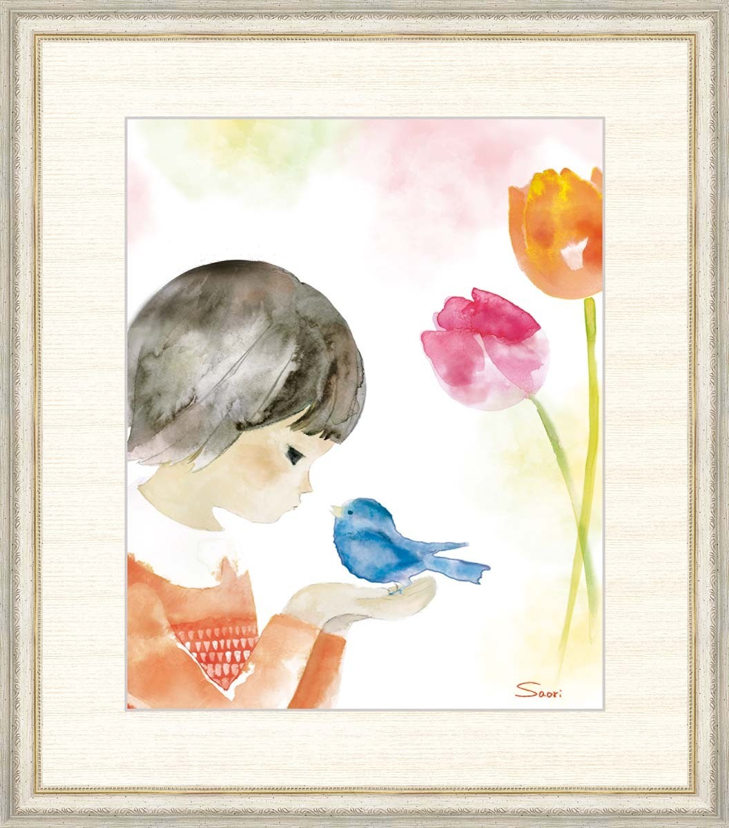 Hochauflösender Digitaldruck mit gerahmtem Gemälde „Blauer Vogel und Tulpe von Saori Enomoto F8, Kunstwerk, drucken, Andere