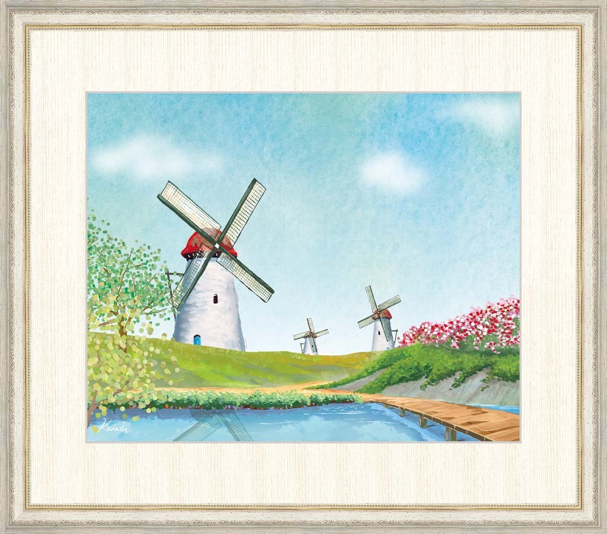 高精細デジタル版画 額装絵画 青木 奏(あおき かなで)作 ｢花咲く丘と風車｣ F8, 美術品, 版画, その他