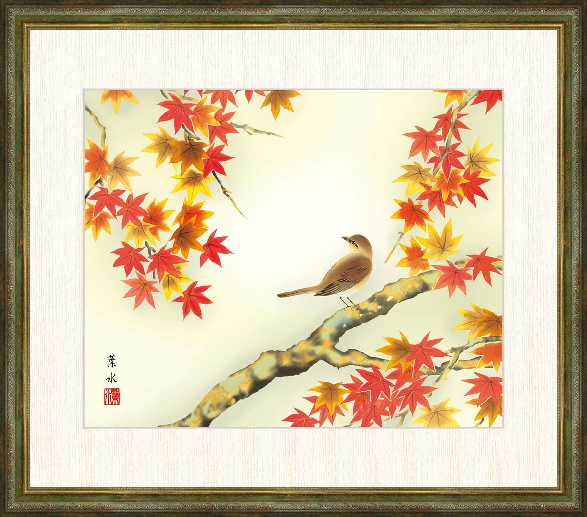 Картина высокого разрешения с цифровой печатью в рамке «Маленькие птички в осенних листьях» от Йосуи Огата F8, произведение искусства, Распечатать, другие