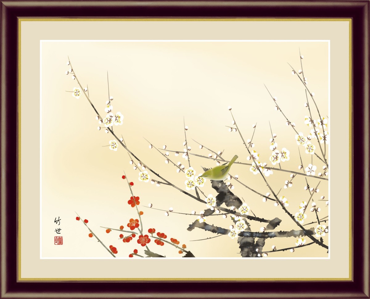高清数码印刷, 裱框画, 日本画, 花鸟画, 春季装饰, 田村武代 (Takeyo Tamura) 的红白梅花与夜莺, F6, 艺术品, 印刷, 其他的