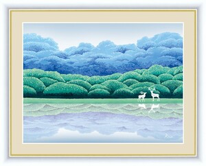 高精細デジタル版画 額装絵画 森と湖のある風景 竹内 凛子作 「湖畔清涼」 F6