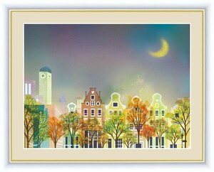高精細デジタル版画 額装絵画 街路樹のある風景 横田 友広作 「月夜の街並み」 F4