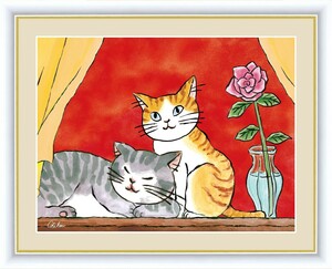 Art hand Auction 高精細デジタル版画 額装絵画 しあわせのねこ 千 春作 ｢慈しみのねこ｣ F6, 美術品, 版画, その他