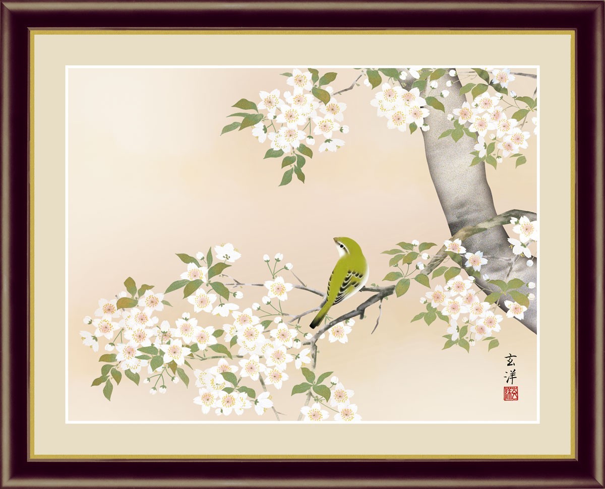 Impresión digital de alta definición, pintura enmarcada, pintura japonesa, pintura de pájaros y flores, decoración durante todo el año, por Kondo Genyo, Flores de cerezo y un ruiseñor F4, Obra de arte, Huellas dactilares, otros