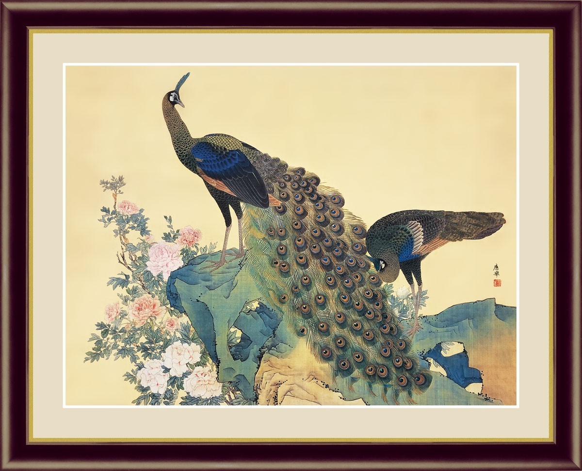 High-definition digital print framed painting Japanese masterpiece Maruyama Okyo Peony Peacock F6, artwork, print, others