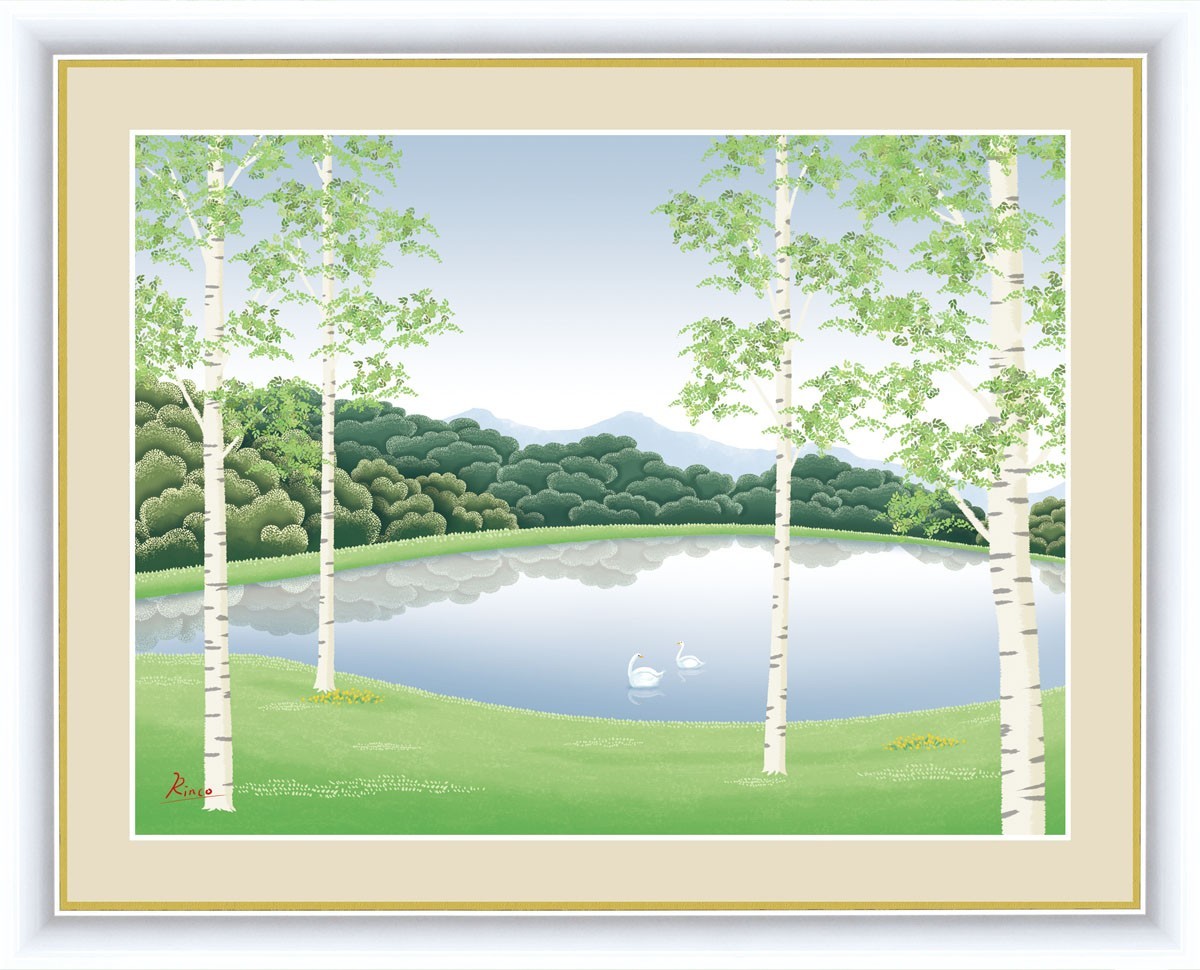 High-definition digital print Framed painting Landscape with forest and lake Lakeside Seifu by Rinko Takeuchi F4, artwork, print, others