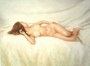 肉筆絵画 油絵 油彩画 洋画 木枠付 (油絵額縁付きで納品対応可) F6号 「横たわる裸婦-1」