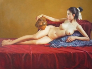肉筆絵画 油絵 油彩画 洋画 木枠付 (油絵額縁付きで納品対応可) F12号 「壺を持つ裸婦」