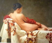 肉筆絵画 油絵 油彩画 洋画 木枠付 (油絵額縁付きで納品対応可) F10号 「花模様のシーツの裸婦」_画像1