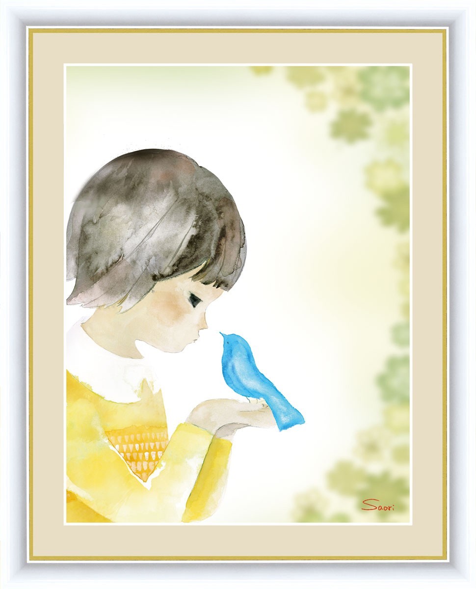 Impresión digital de alta definición, pintura enmarcada, niños sonrientes, por Saori Enomoto, Pájaro azul y trébol, F4, Obra de arte, Huellas dactilares, otros