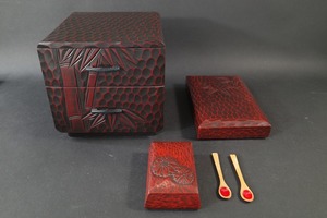 鎌倉彫 3個セット　2段小引き出し 小箪笥 小物入れ 竹絵彫　文箱 硯 