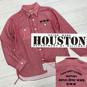 良品■Houston ヒューストン■WW2 大戦モデル 刺繍 ワーク シャツ L 赤 ピンクレッド ミリタリー チェーン刺繍 マチ付き 空環仕上げ