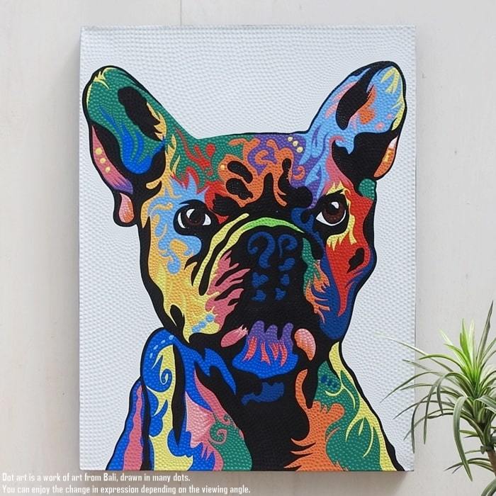 圆点艺术 60 厘米 x 80 厘米 法国斗牛犬现代艺术手绘绘画狗艺术面板巴厘岛绘画巴厘岛艺术礼物, 手工制品, 内部的, 杂货, 控制板, 挂毯