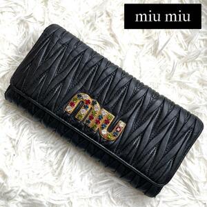 極希少品 入手困難 / miu miu ミュウミュウ カラフルビジューロゴマテラッセウォレット 長財布 マテラッセレザー クリスタル ブラック