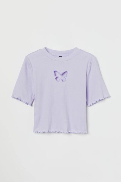 【H&M】バタフライ胸空き半袖リブニットクロップドTシャツ/パープル【Sサイズ】