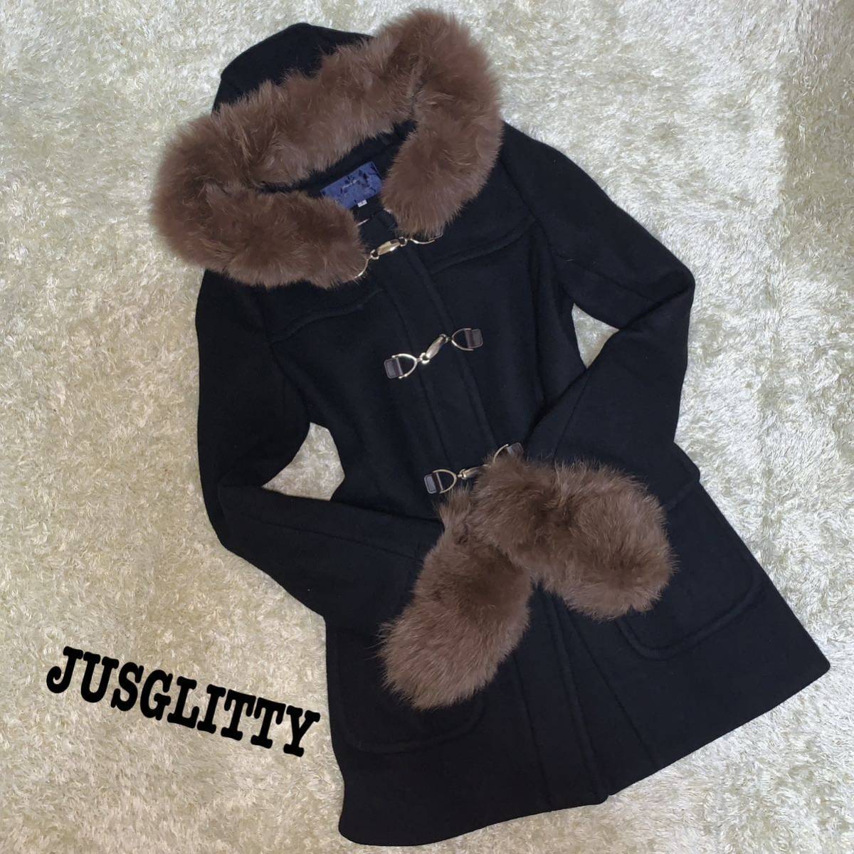 JUSGLITTY レディース ダッフルコート フォックスファー 黒 ピンク