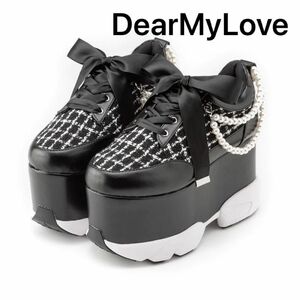 DearMyLove ディアマイラブ 夢展望 厚底スニーカー ツイード 地雷系 量産型 スニーカーパンプス 2連パール 低身長 