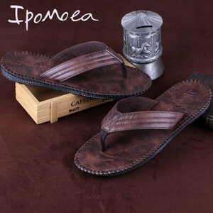 [ Brown 25-24.5cm][PU leather ] sandals men's stylish PU leather imitation leather simple beach sandals outdoor camp sea summer tea 