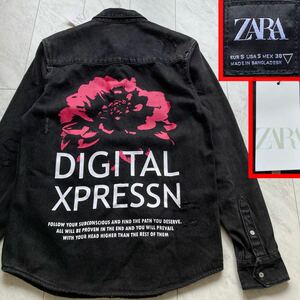 【新品未使用品】ZARA MAN ザラマン デニムジャケット Gジャン ブラック 黒 ボタン バックプリント 花柄 薔薇 バラ ダメージ加工 Lサイズ